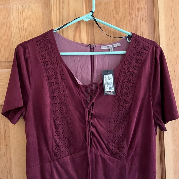 **consigned** MissMe Wine Colored Suede Mini Dress with Lace Up Chest Detail - Picture 1 of 12